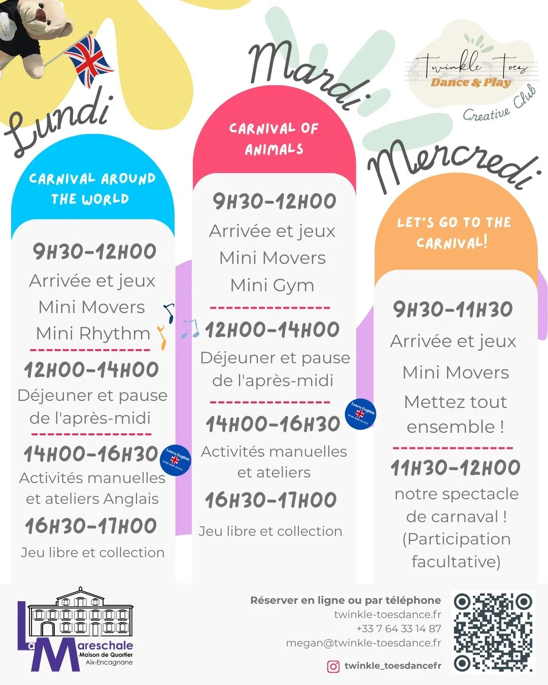 Our Carnival Creative Club is next week! 

We can't wait to welcome all the tiny dancers joining us, we have been busy planning and have a whole mix of activities! 
---------
(Tous les jours, vous avez le choix entre une demi-journ&eacute;e ou une jo