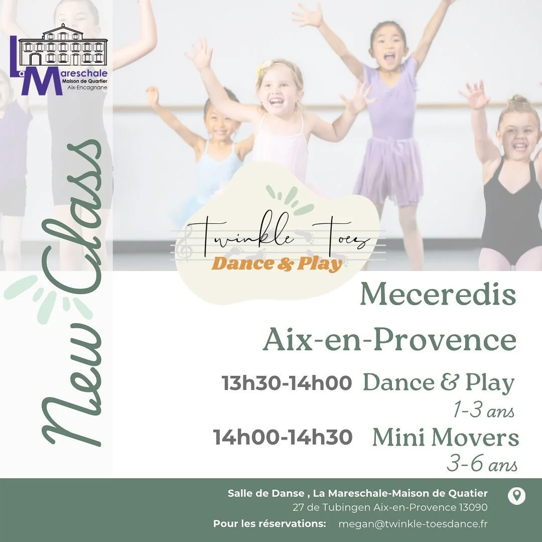 New Class Alert 🚨

From March we will be returning Wednesday afternoons to @lamareschale ! 

13h30-14h00 Dance &amp; Play (1-3 ans) 🌈
Notre cours pour les plus petits danseurs !

Nous proposons aux familles avec des b&eacute;b&eacute;s et des enfan