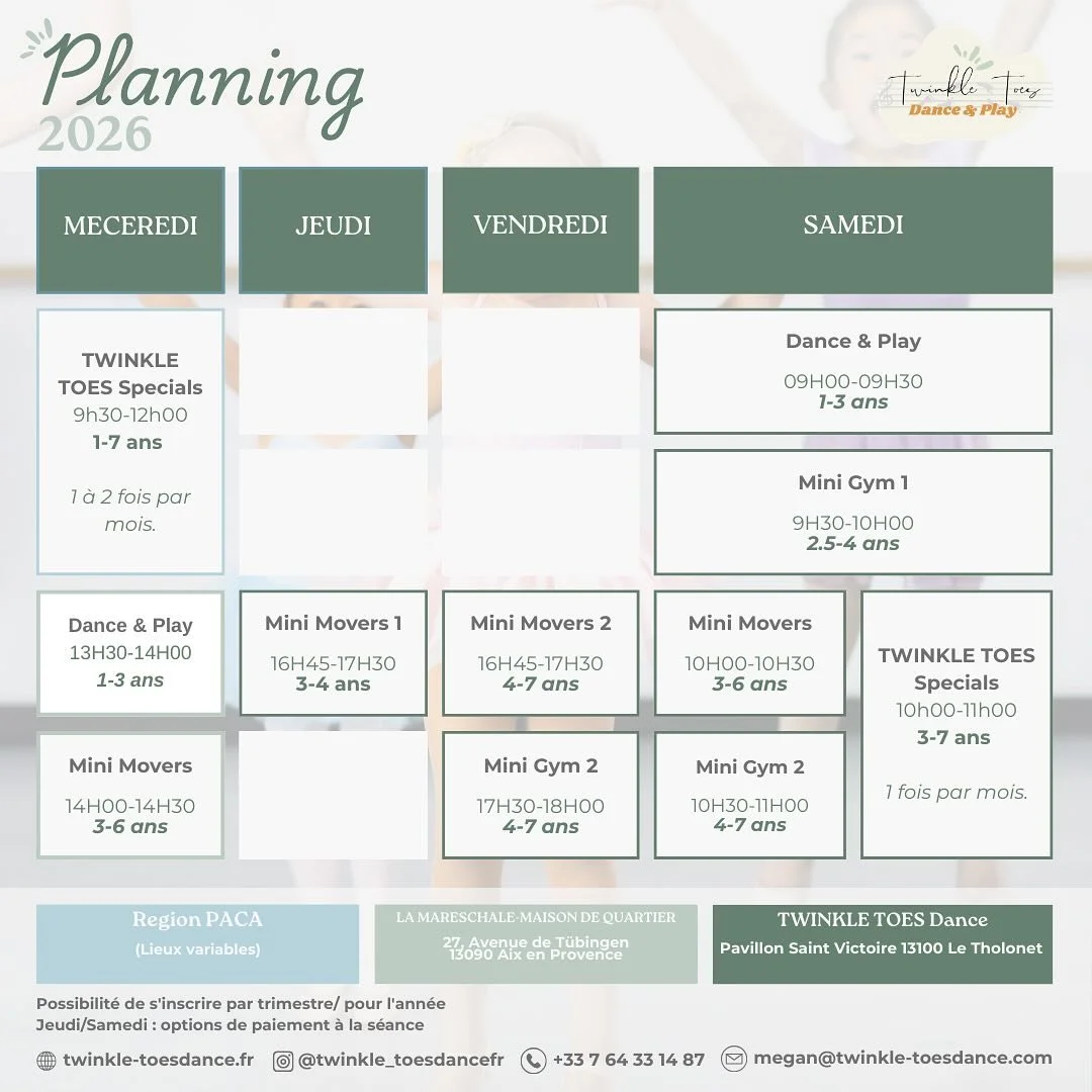 ✨Planning 2026 ✨
d&rsquo;une nouvelle ann&eacute;e et d&rsquo;un nouveau calendrier !

NEW VENUE 

Cours hebdomadaires 📍La Mareschale-Maison de Quartier, 13090 AIX-EN-PROVENCE

Mercredi 

1-3 ans 
Dance &amp; Play 
13h30-14h00

3-6 ans 
Mini Movers 