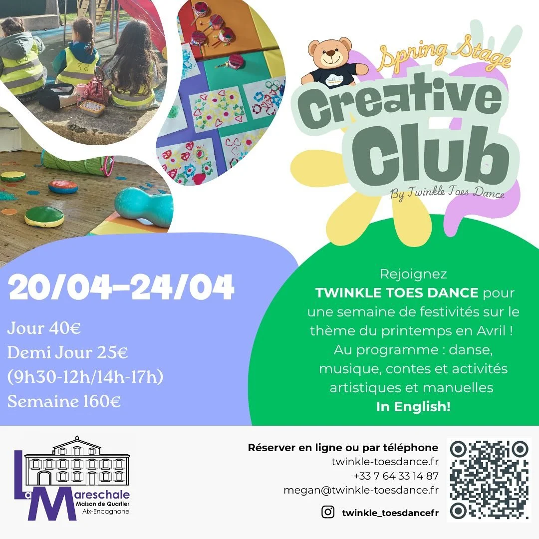 STAGE Creative Club: SPRING CELEBRATIONS! 🌷

Rejoignez TWINKLE TOES Dance pour notre stage sur le th&egrave;me du Printemps 
Au programme : 
🩰danse 
🎵musique
📖 contes 
🎨activit&eacute;s artistiques et manuelles

🇬🇧In English!
&mdash;&mdash;&md