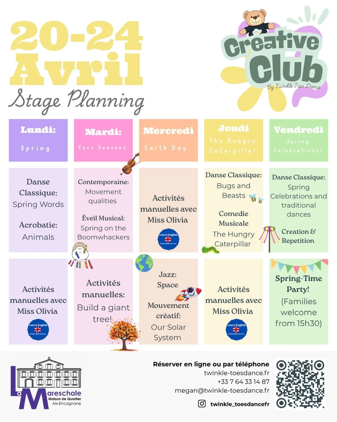 Our Spring Creative Club is next week!
We can&rsquo;t wait to welcome all the tiny dancers joining us, we have been busy planning and have a whole mix of activities!
(Tous les jours, vous avez le choix entre une demi-journ&eacute;e ou une journ&eacut