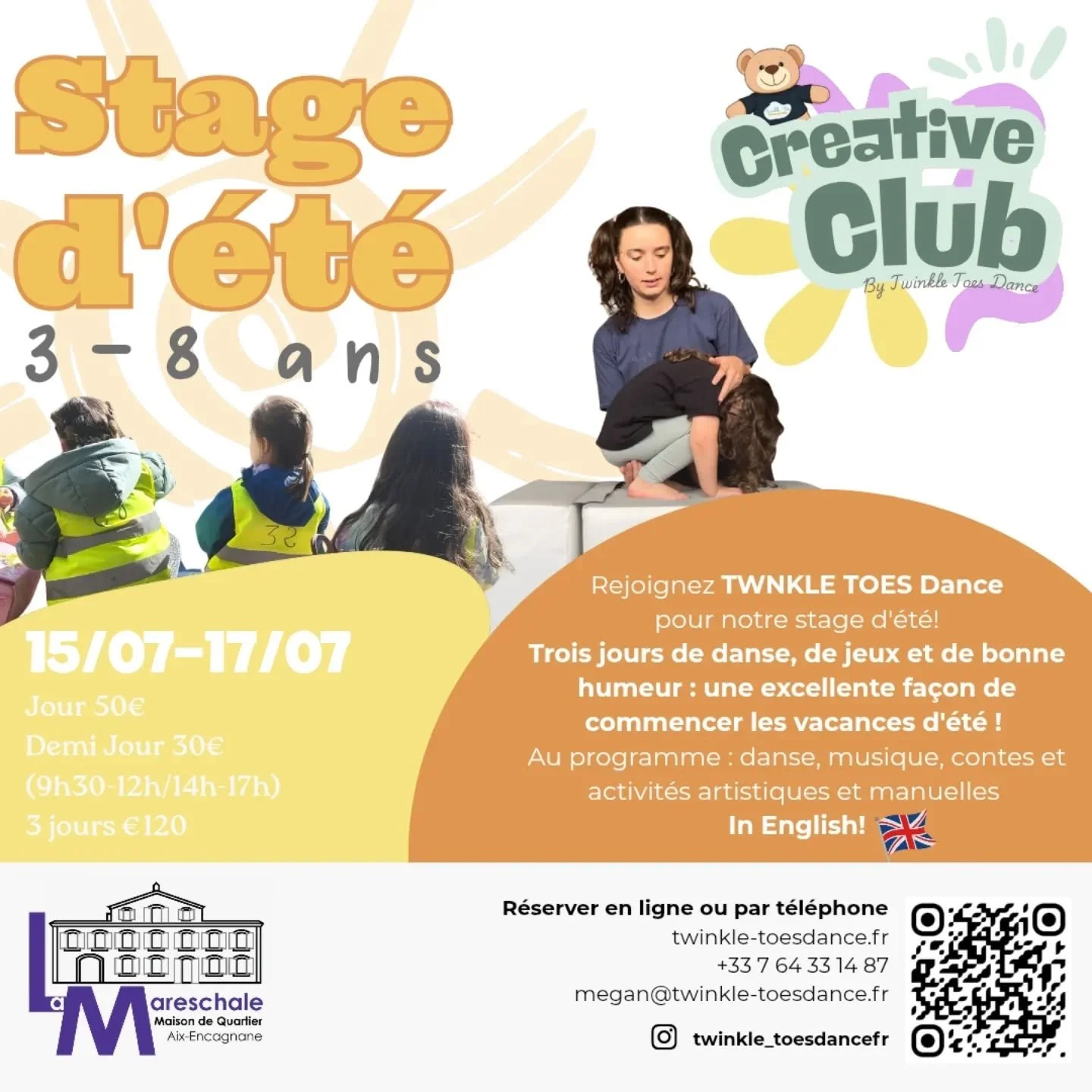 TWINKLE TOES Dance CREATIVE CLUB SUMMER STAGE 🌻

&Agrave; la demande g&eacute;n&eacute;rale, nous organisons un club cr&eacute;atif d'&eacute;t&eacute; en juillet ! 

📅Du 15 au 17 juillet 
🕑9h30-17h 
📍 La Mareschale-Maison de Quartier, 13090 AIX-