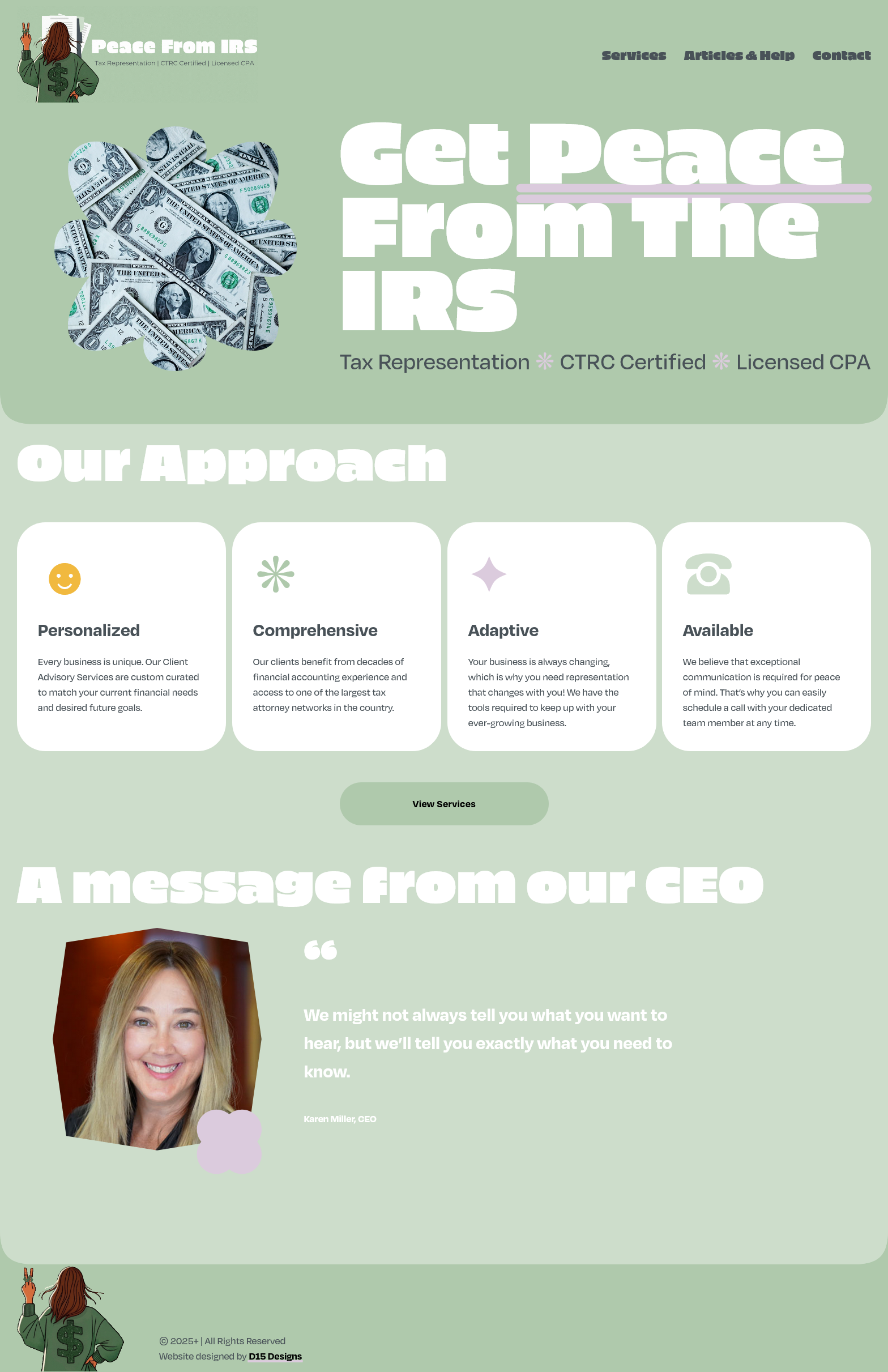 Website homepage for a tax preparation service named Peace From IRS, featuring a logo with a woman holding money, a large graphic of dollar bills in the shape of a puzzle piece, and menu options for services, articles & help, and contact.