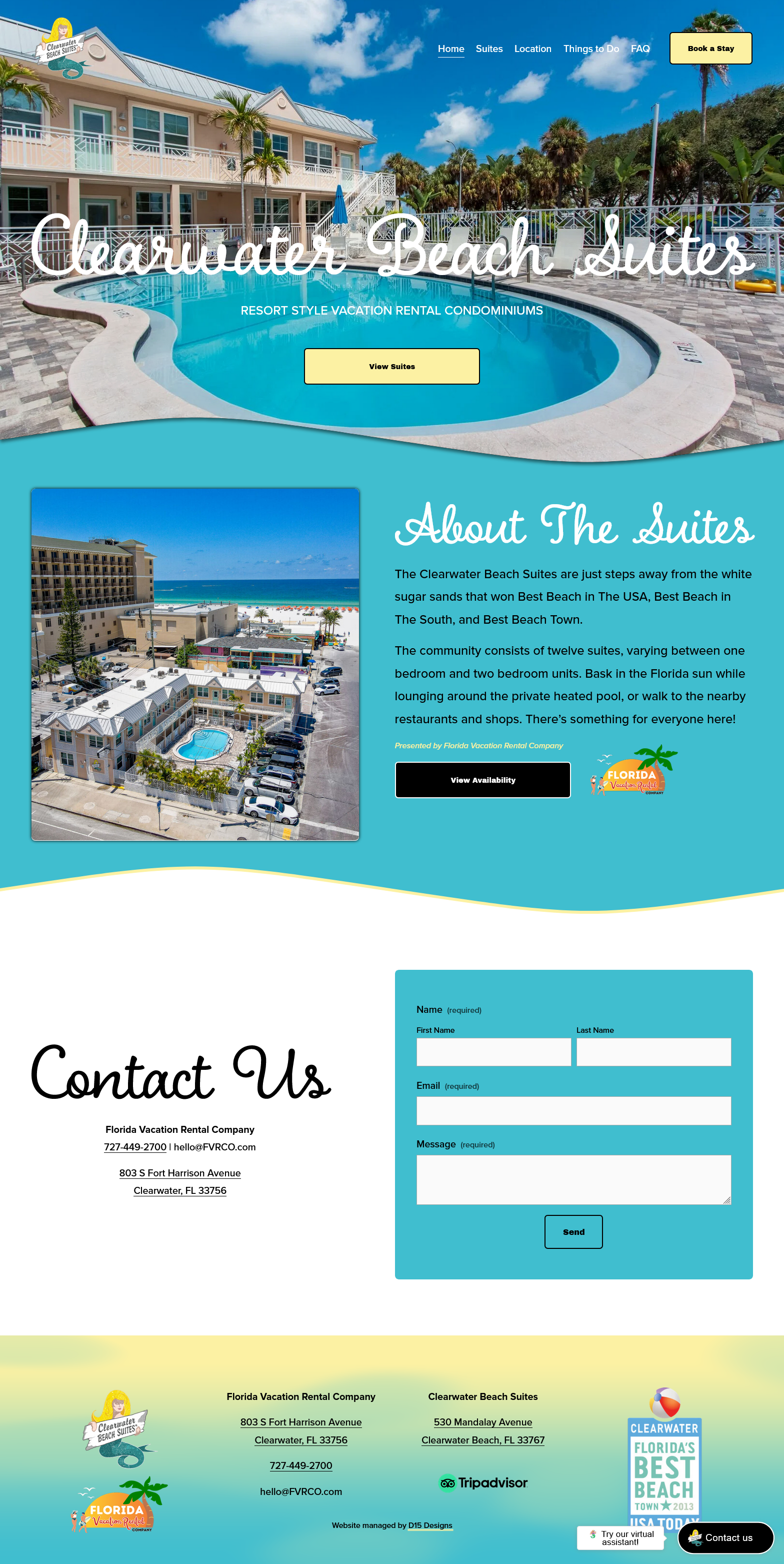 Photo of Clearwater Beach Suites resort featuring a swimming pool surrounded by lounge chairs, umbrellas, and tropical plants under a blue sky with fluffy clouds, showcasing a resort-style vacation rental with a multi-story building in the background.