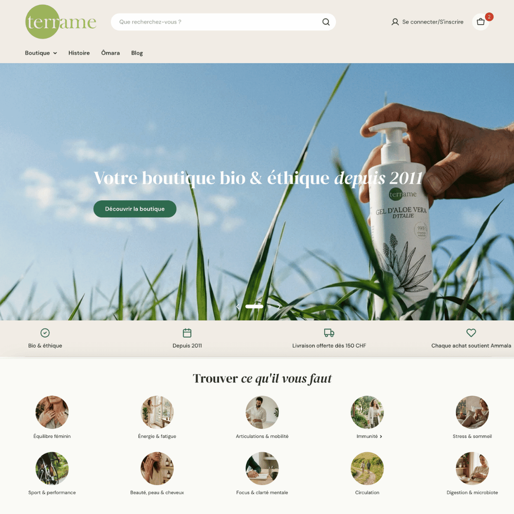 Aperçu du projet e-commerce Shopify de la boutique Terrame à La Chaux-de-Fonds