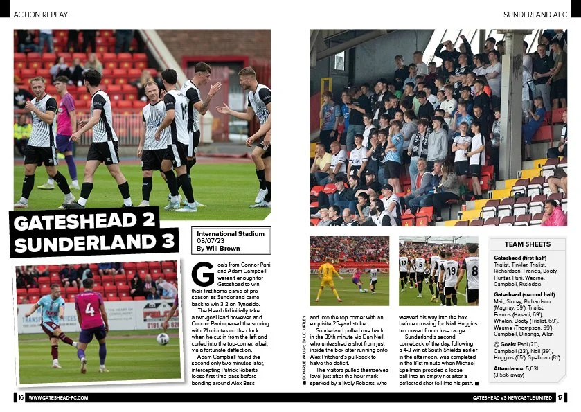 Gateshead FC matchday programme double-page spread.