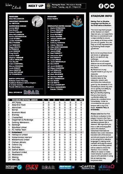 Gateshead FC matchday programme back cover.