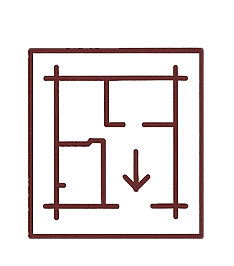 A floor plan diagram with walls and an arrow pointing inward from the bottom.