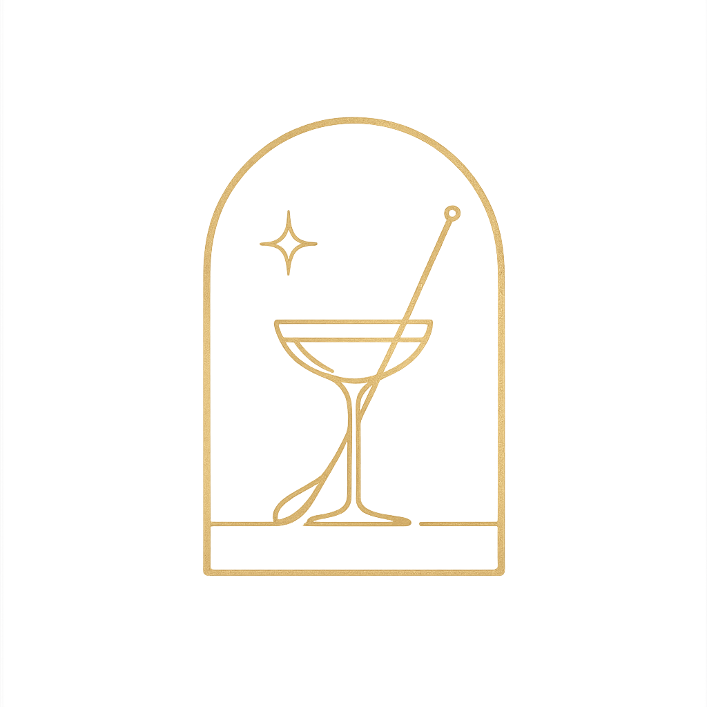 Minimalist gold outline of a cocktail glass inside an arched frame, with a straw and a star-shaped sparkle on a black background.