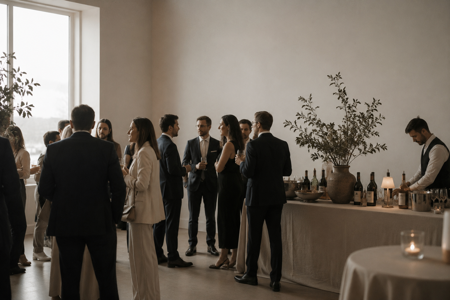 People in formal attire socializing at an indoor event with a buffet table, large window, and sparse decor.