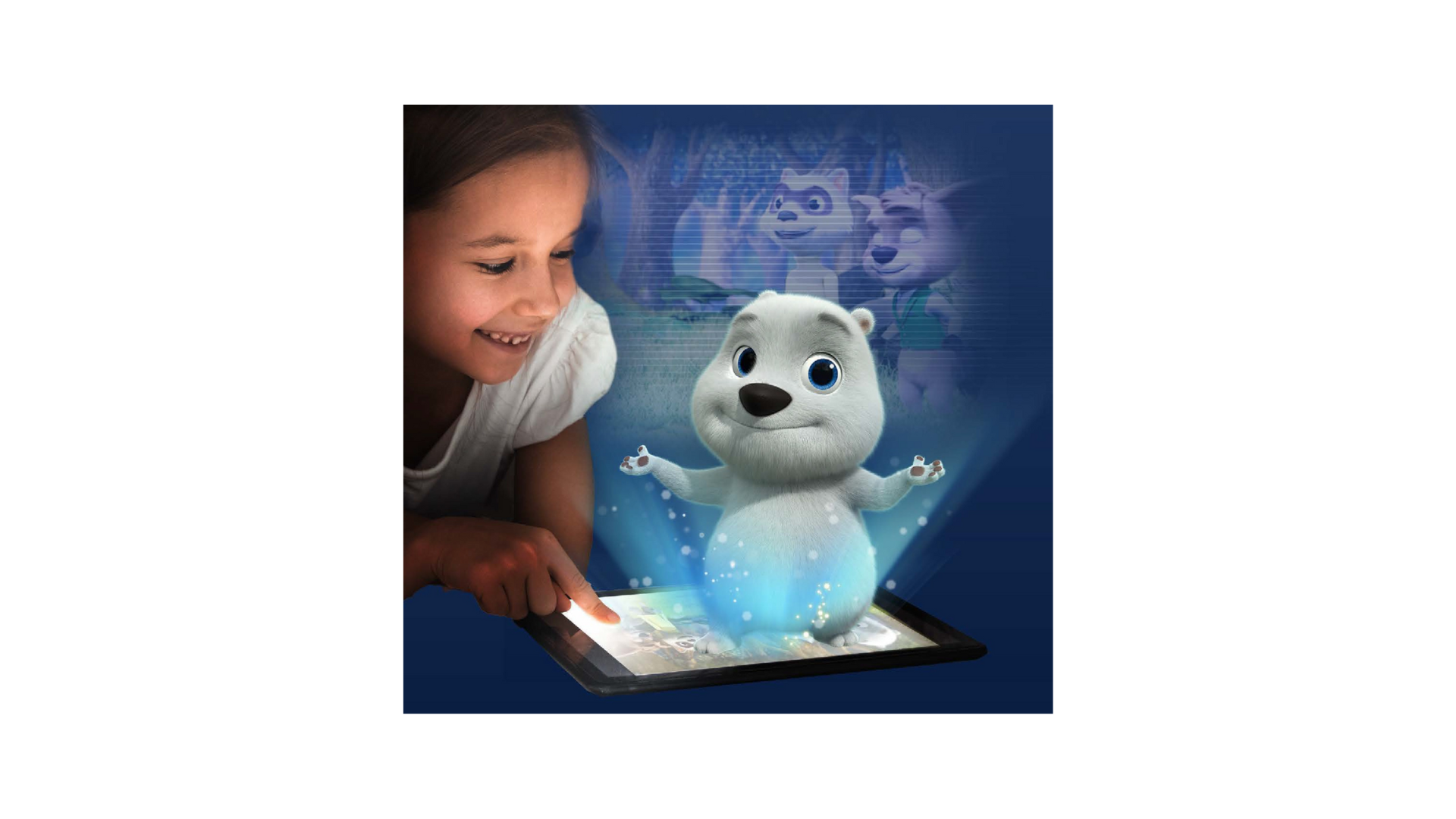 A young girl interacts with a holographic projection of a small, animated, white polar bear with blue eyes emerging from a smartphone, with animated characters in the background.
