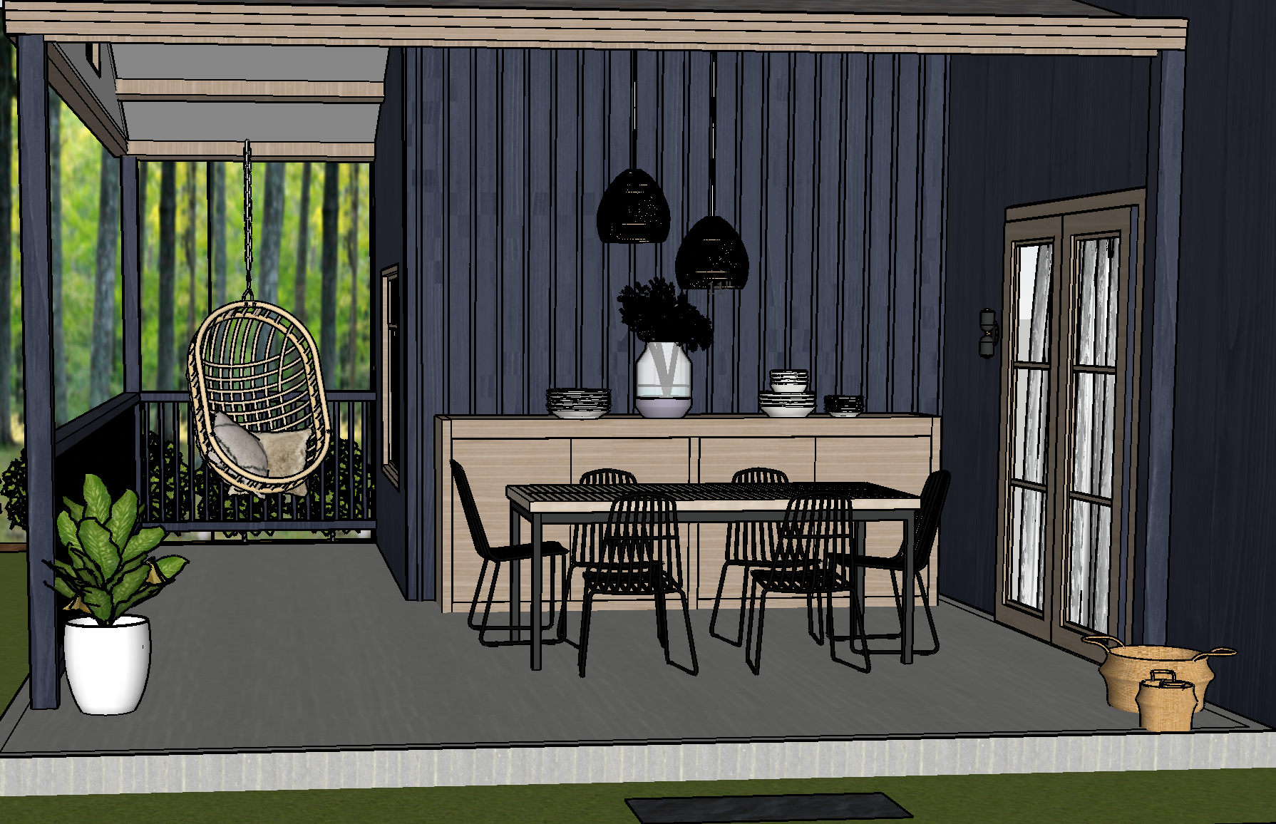 Interior view of a modern dining area with dark blue paneled walls, a wooden dining table with six black chairs, a light wood sideboard with decorative bowls and a vase with greenery, black pendant lights, French doors, and a cozy hanging rattan chai