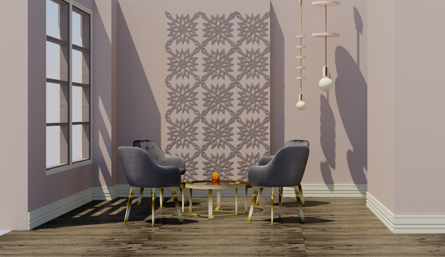 A modern sitting area with two gray velvet chairs with gold legs, a round gold coffee table with a candle, a decorative wall panel, two hanging pendant lights, and a window casting shadows on the pink walls and wood floor.