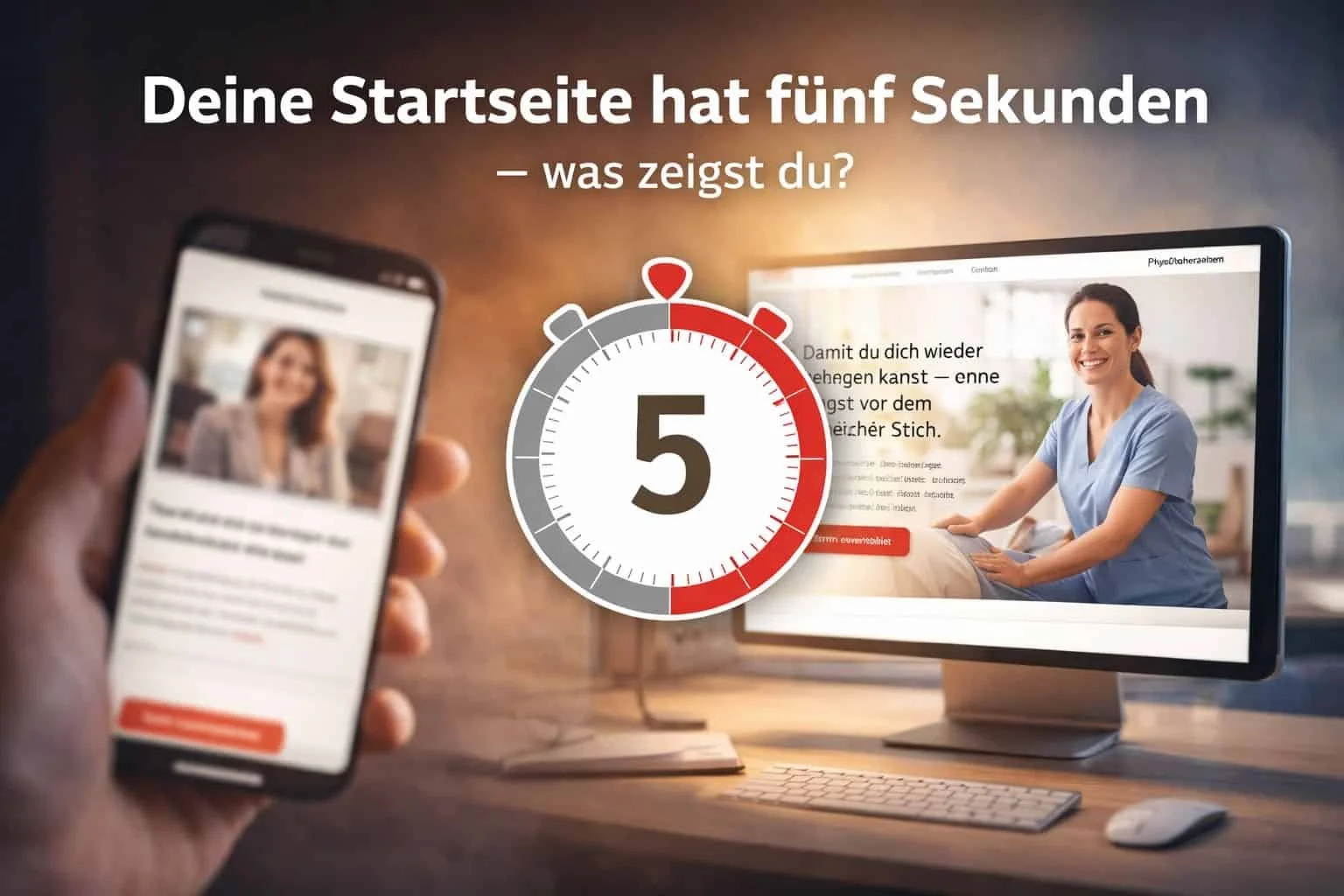 Smartphone und Monitor mit Website-Startseiten, zentrale Stoppuhr mit „5“ symbolisiert die entscheidenden ersten fünf Sekunden und klare Botschaft.