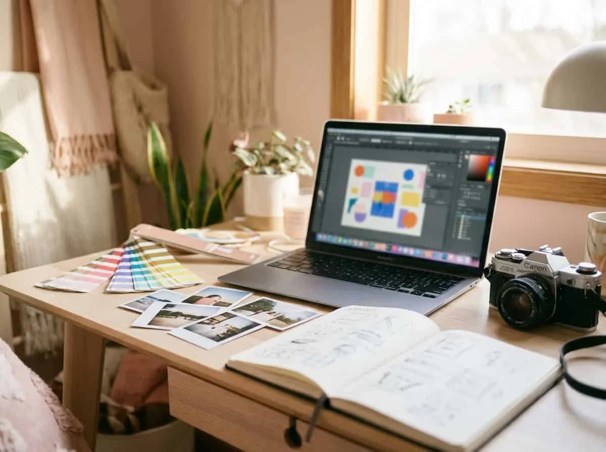 Ein kreativer Arbeitsplatz mit Laptop, Farbmustern, Fotos und Kamera – alles sieht nach Arbeit aus, aber auch nach Verzettelung.