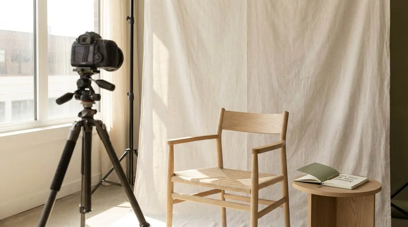 Helles Fotografie-Setting mit Kamera auf Stativ, leerem Holzstuhl und aufgeschlagenem Notizbuch.