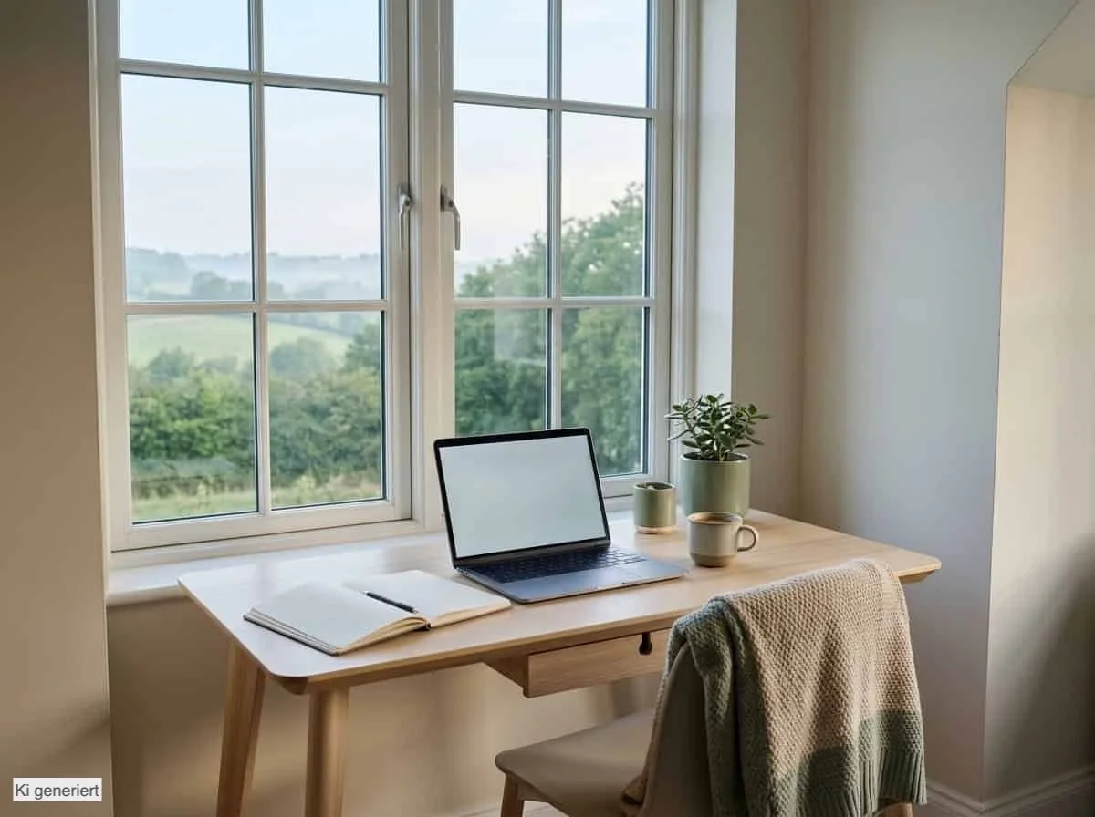 Aufgeräumter Schreibtisch am Fenster mit Laptop, Notizbuch und Kaffeetasse, Blick auf grüne Hügel am Morgen