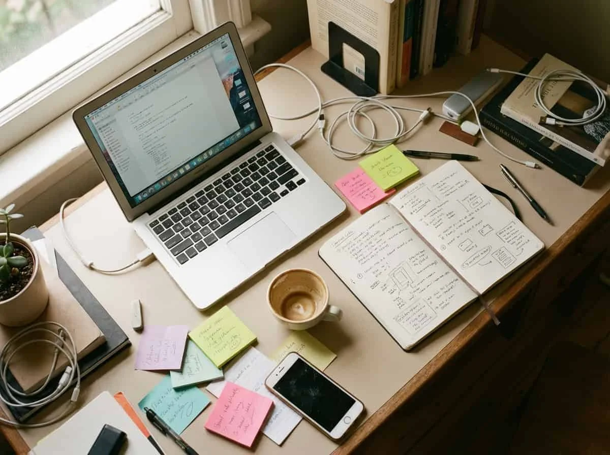 Ein überladener Schreibtisch mit Laptop, Notizbuch, Post-its und leerer Kaffeetasse im warmen Tageslicht – viel zu tun, aber keine Richtung.