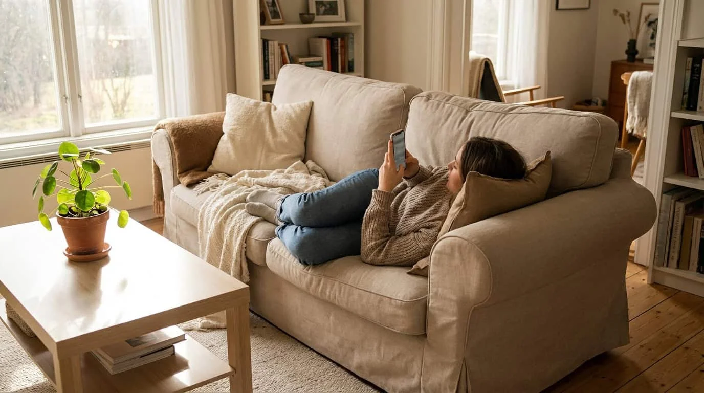 Eine Frau liegt entspannt auf dem Sofa und surft auf ihrem Smartphone. So sieht ein typischer Website-Besuch im Alltag aus – und genau deshalb muss eine barrierefreie Website auch mobil einwandfrei funktionieren.