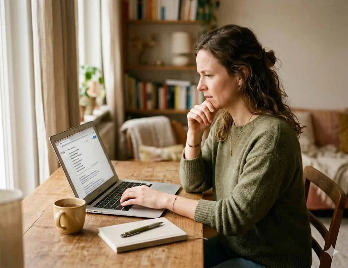 Frau sitzt nachdenklich an einem Holztisch und sucht auf ihrem Laptop bei Google – mit einer Kaffeetasse und einem Notizbuch neben sich.