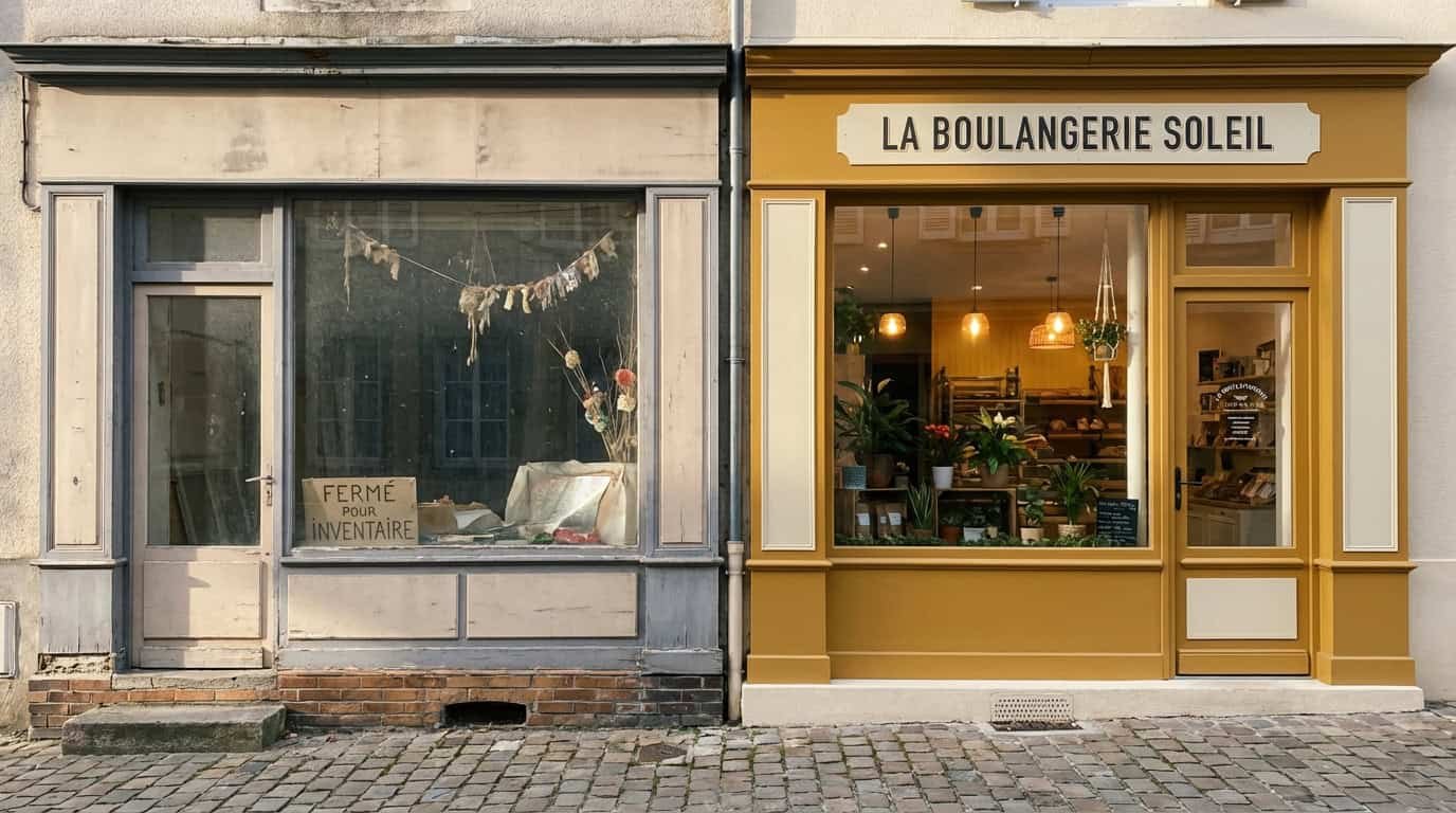 Zwei nebeneinanderliegende Schaufenster: links ein verwaistes Geschäft mit verblasster Deko und „Fermé"-Schild, rechts eine einladende Boulangerie mit warmem Licht und frischer Auslage.