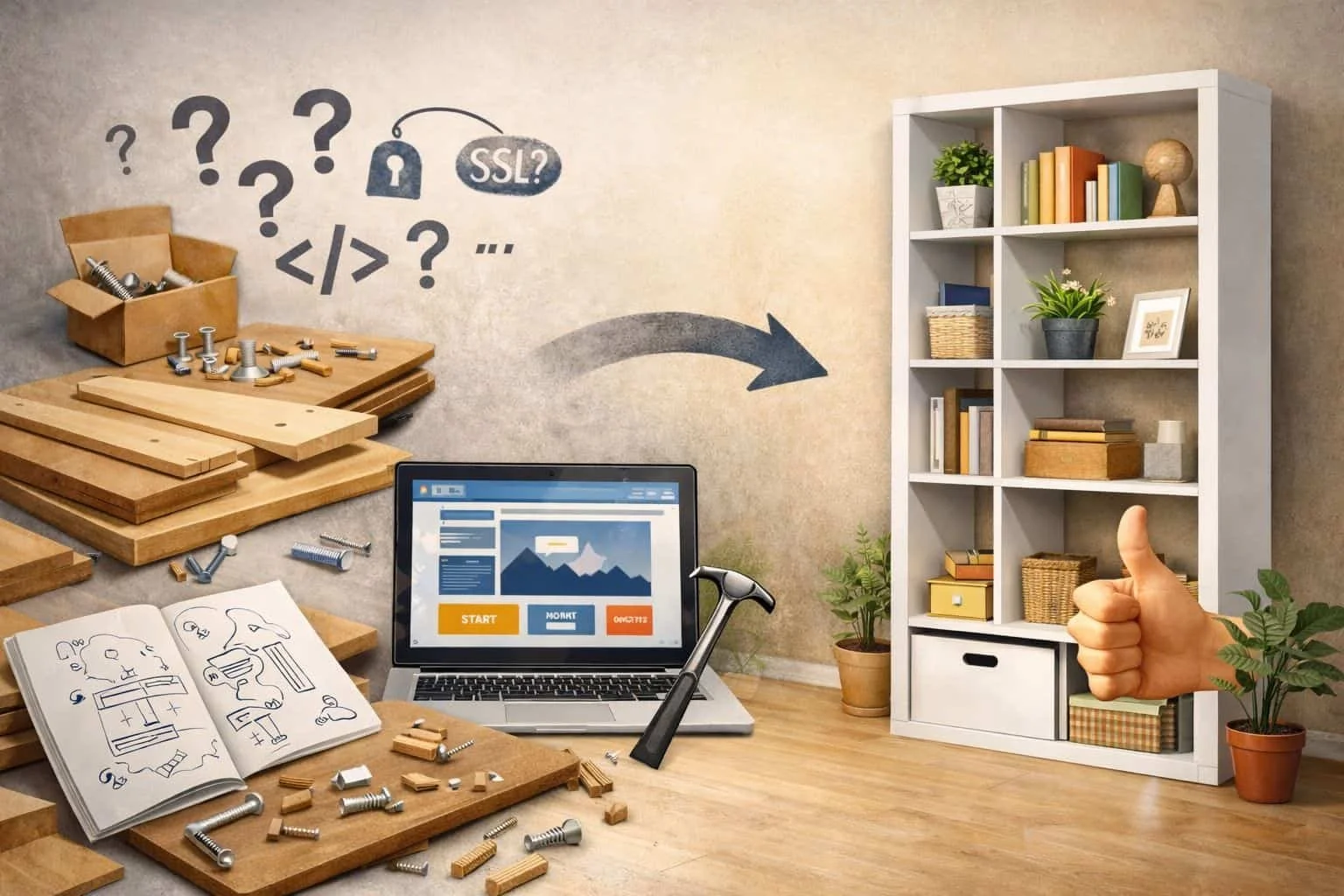 Ein Wohnzimmer mit einem Laptop, einem Hammer, einem fertigen Holzregal rechts  und einem Bausatz links.