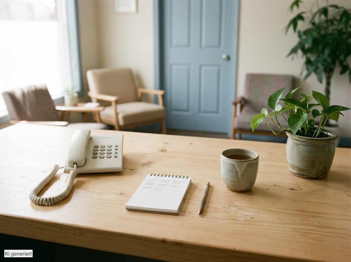 Empfangstresen einer Praxis aus hellem Holz mit Telefon, Notizblock mit Strichliste und einer Tasse Tee