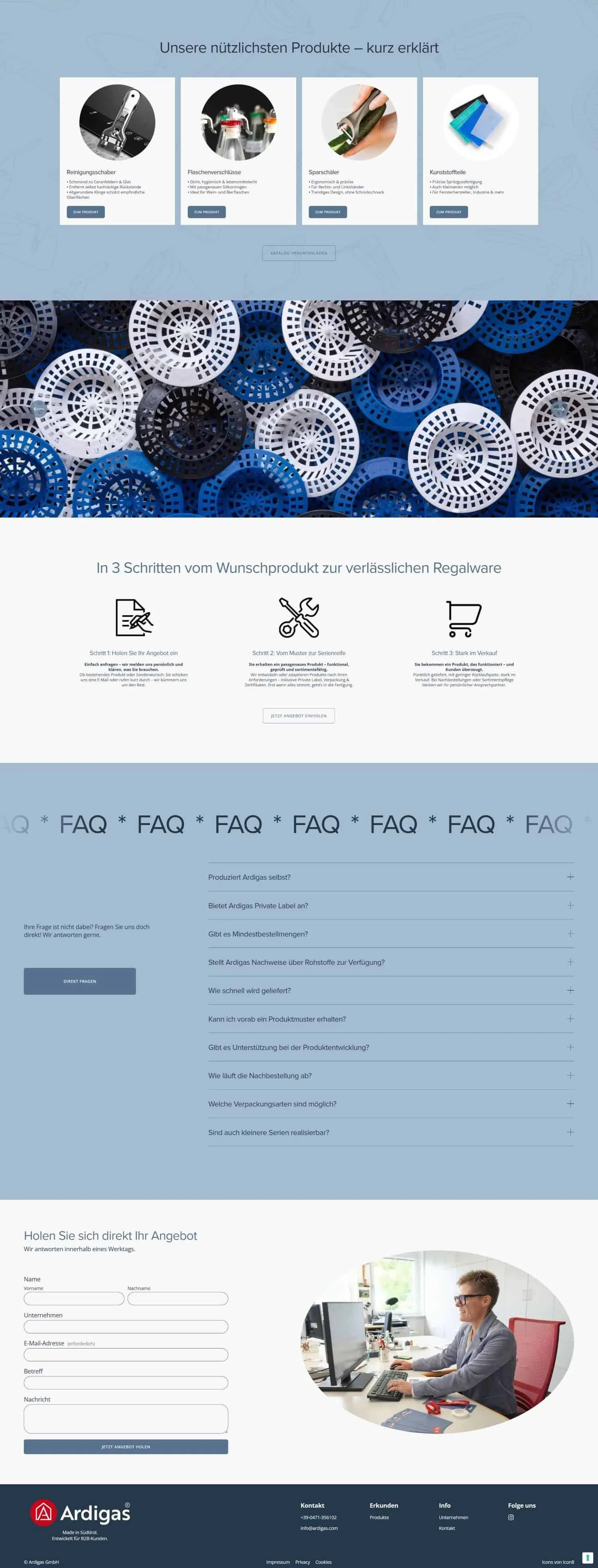 Webseite von Ardigas mit Produkten wie Reinigungsroller, Flaschenverschlüsse, Sparschäler und Kunststoffteile, inklusive FAQ, Bestellformular und Firmenkontakt.