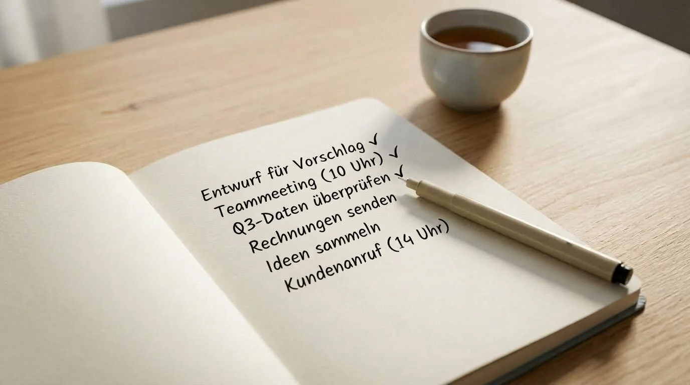 Aufgeschlagenes Notizbuch mit handgeschriebener Checkliste und Häkchen auf einem Holztisch, daneben eine Tasse Tee – Website-Check für Architekten