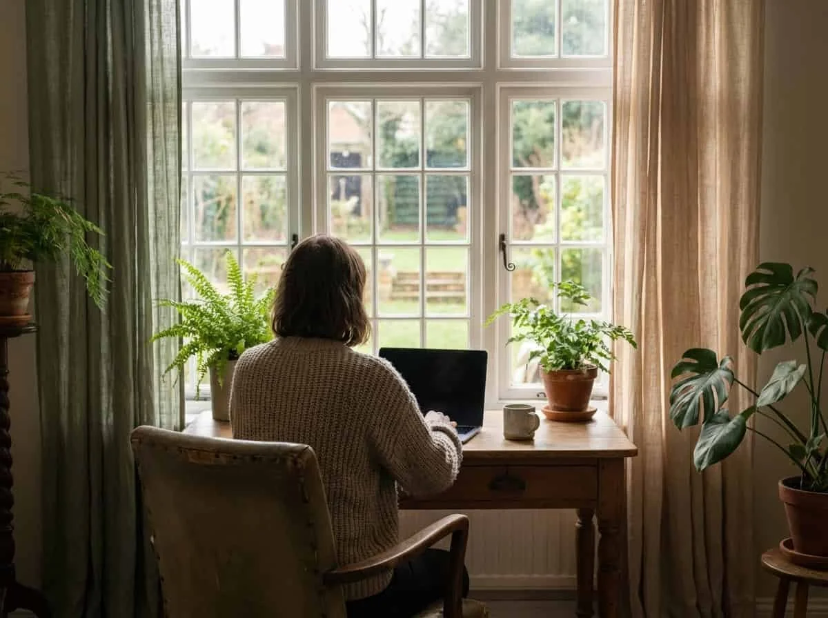 Eine Person sitzt entspannt an einem aufgeräumten Schreibtisch und blickt aus dem Fenster – der Laptop ist zugeklappt, die Stimmung ruhig und reflektiert.