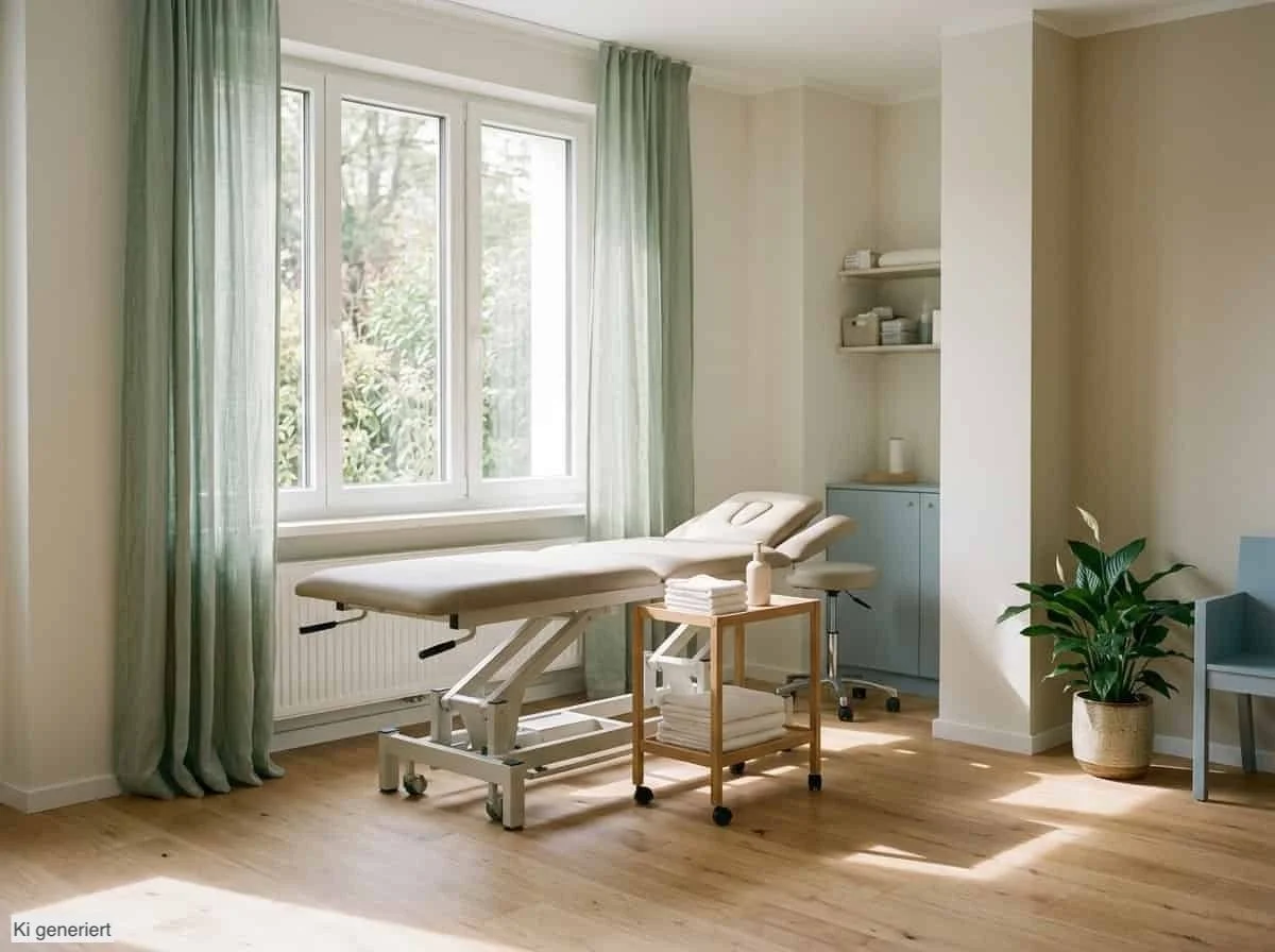 Heller, leerer Behandlungsraum einer Physiotherapie-Praxis mit Liege am Fenster und frischen Handtüchern