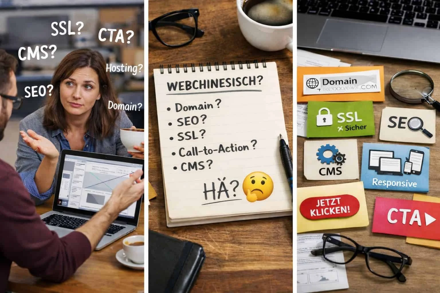Drei Bilder nebeneinander. Ganz links ist eine nachdenkliche Frau zu sehen und auf den anderen beiden Bildern sieht man Webseiten-Begriffe mit Fragezeichen dahinter.