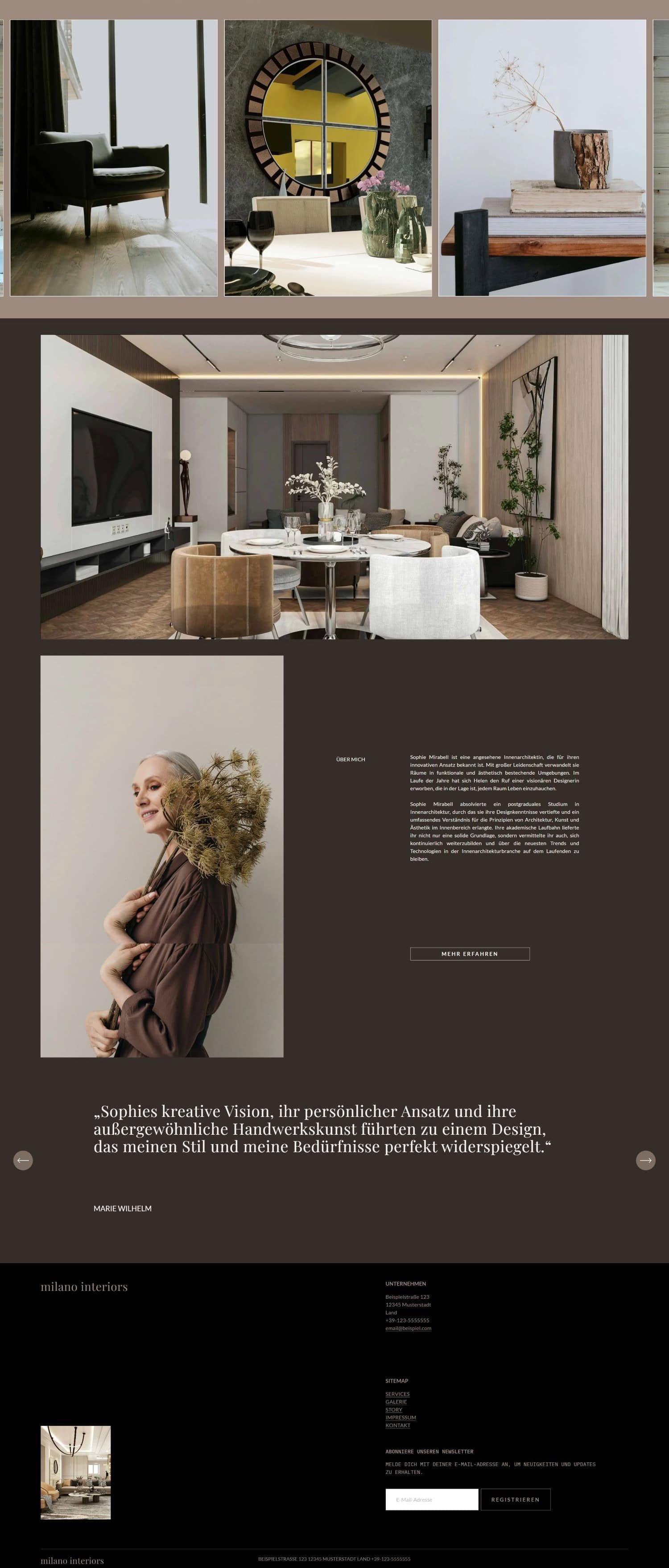 Website für Interior-Design zeigt eine moderne, elegante Inneneinrichtung mit verschiedenen Raumaufnahmen, einer Frau mit einem Blumenstrauß, und einem Text über Innenarchitektur und Design.