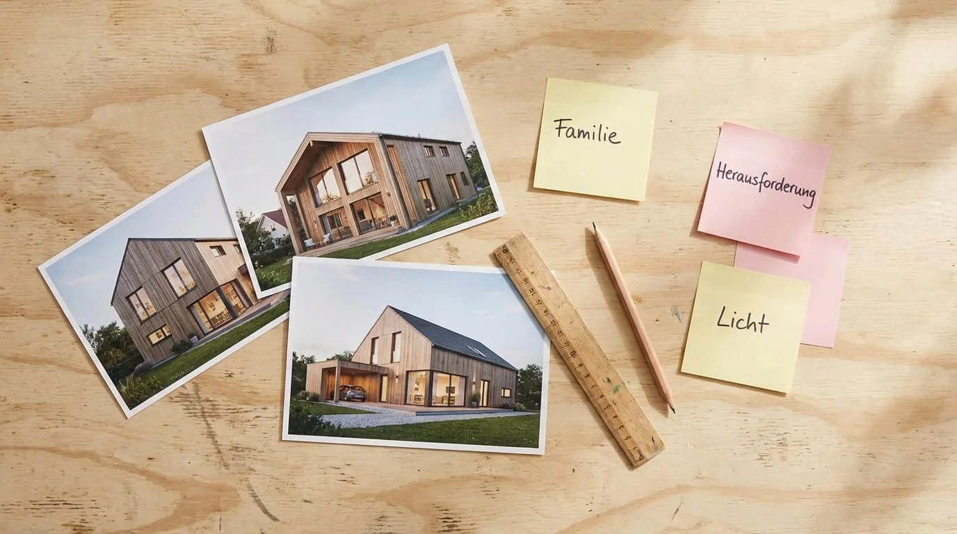 Drei ausgedruckte Fotos moderner Holzhäuser auf einem Holztisch, daneben Post-its mit den Worten Familie, Herausforderung und Licht – so erzählen Projekte auf einer Architekten-Website eine Geschichte