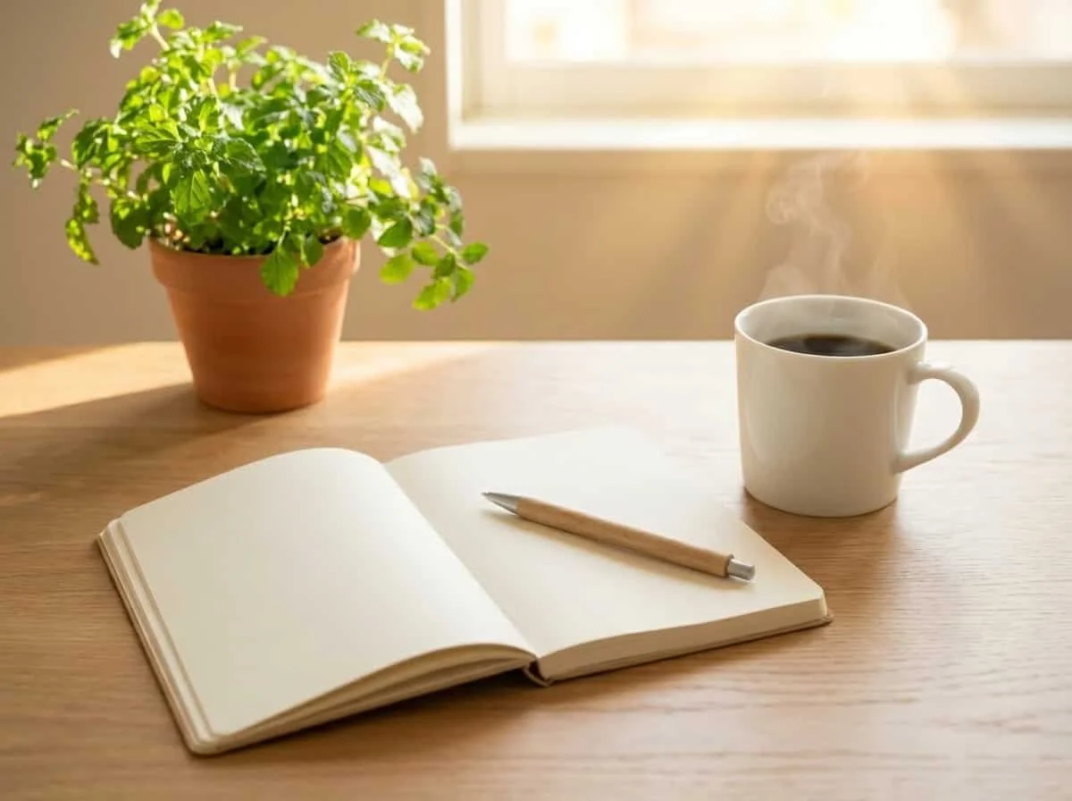 Ein aufgeschlagenes leeres Notizbuch mit Stift und einer dampfenden Tasse Kaffee auf einem aufgeräumten Schreibtisch – Raum zum Denken.
