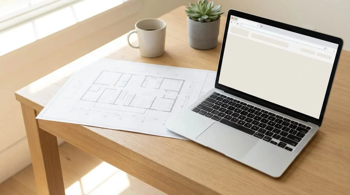 Laptop mit Website-Entwurf neben einem ausgedruckten Architektur-Grundriss auf einem Holzschreibtisch, Kaffeetasse und Sukkulente im Hintergrund – Symbolbild für eine professionelle Architekten-Website