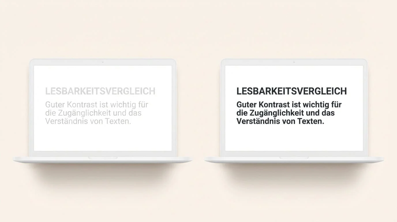 Zwei Laptop-Bildschirme nebeneinander zeigen denselben Text: links kaum lesbar in hellem Grau, rechts gut lesbar in dunklem Anthrazit. Der Vergleich zeigt, wie entscheidend ausreichend Kontrast für die Lesbarkeit und Web Accessibility ist.