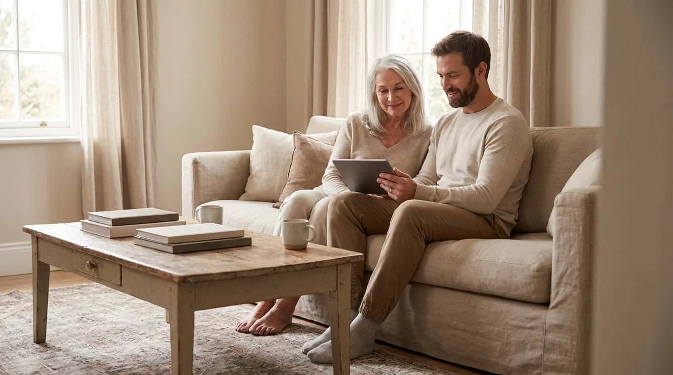 Eine ältere und eine jüngere Person sitzen gemeinsam auf dem Sofa und schauen auf ein Tablet. Eine barrierefreie Website ist für alle Altersgruppen gut nutzbar – nicht nur für junge, technikaffine Menschen.