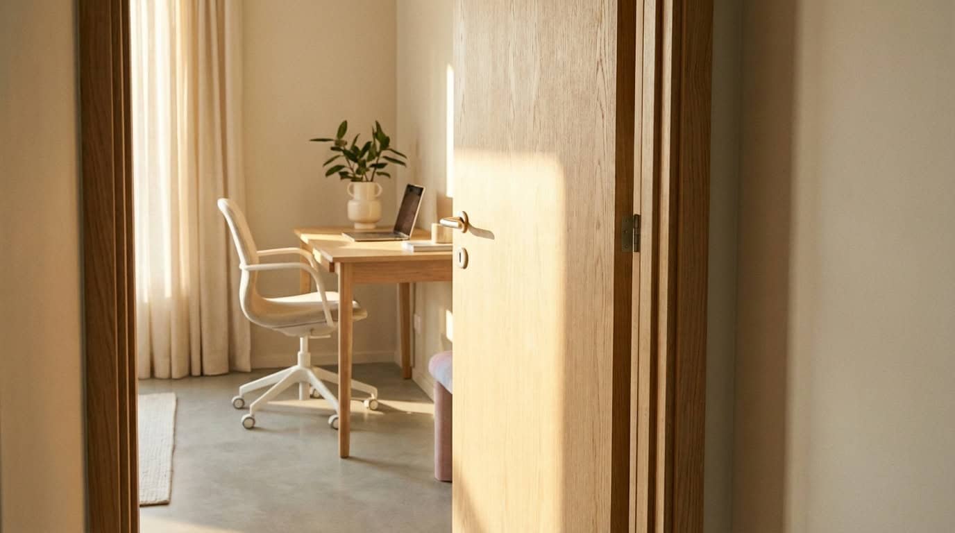Blick durch eine geöffnete Holztür in ein helles Home-Office mit Schreibtisch, Laptop und Pflanze – die Startseite als einladender erster Eindruck einer Architekten-Website