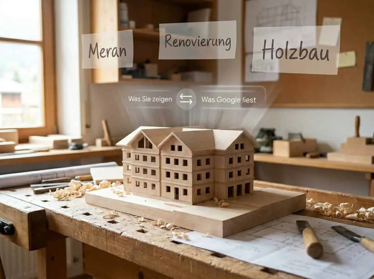 Holzmodell eines Hauses auf der Werkbank eines Architekturbüros, darüber schwebende Etiketten „Meran", „Renovierung" und „Holzbau" — die unsichtbare Bedeutungsebene, die Google liest.