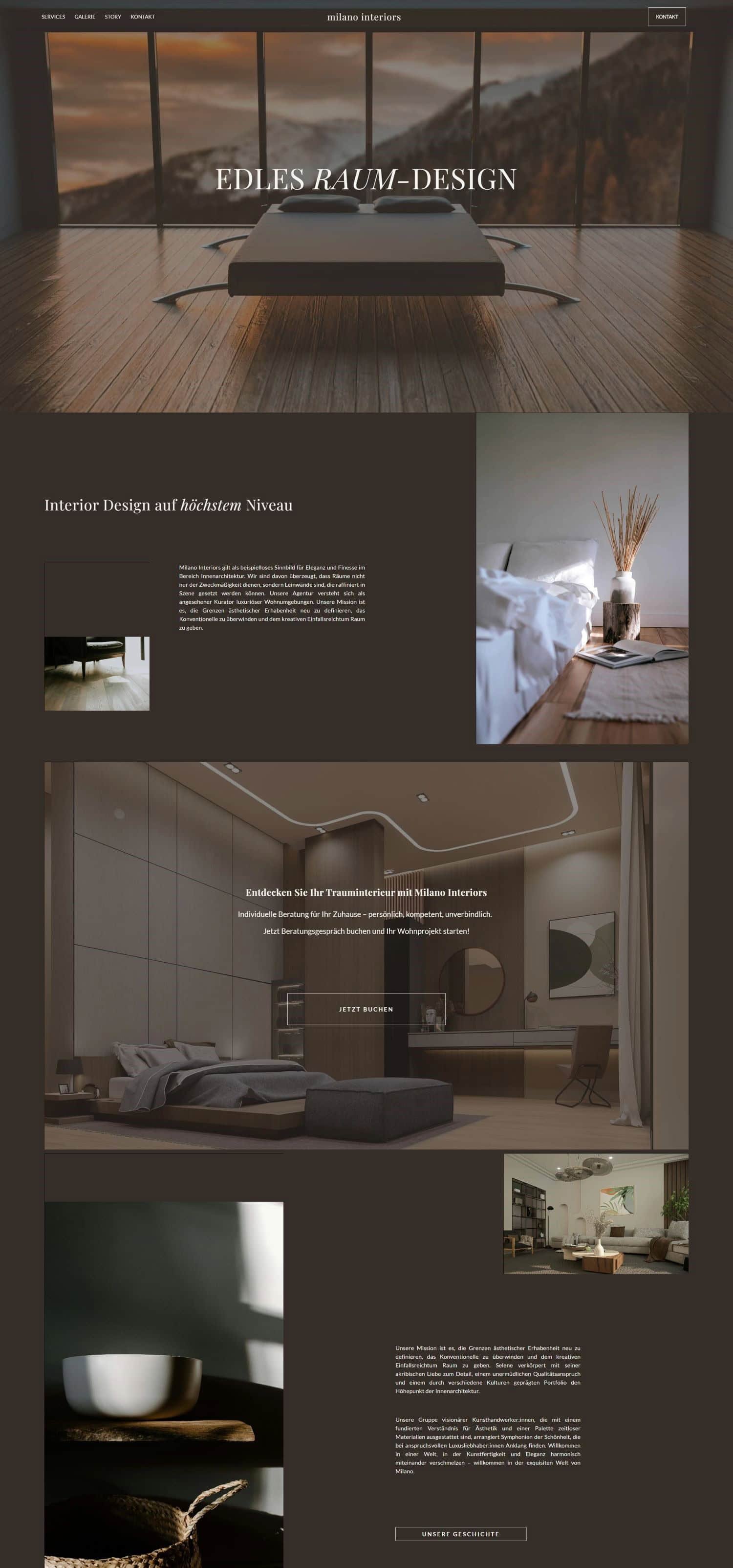 Webseite für Interior-Design mit mehreren Bildern von modernen Innenräumen, textbasierten Abschnitten und Menü-Optionen