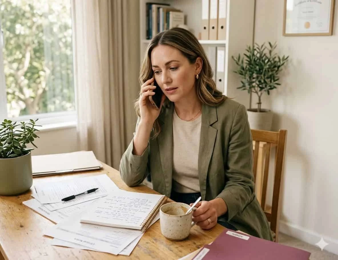 Frau sitzt an ihrem Schreibtisch, telefoniert und hält dabei eine Kaffeetasse – umgeben von Notizen und Unterlagen.