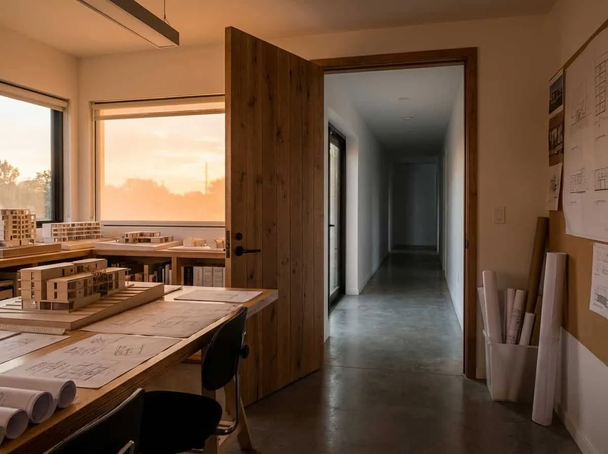 Architekturatelier im warmen Abendlicht mit Plänen, Skizzen und Modellen auf dem Schreibtisch — die Tür steht offen, der Korridor dahinter ist leer.