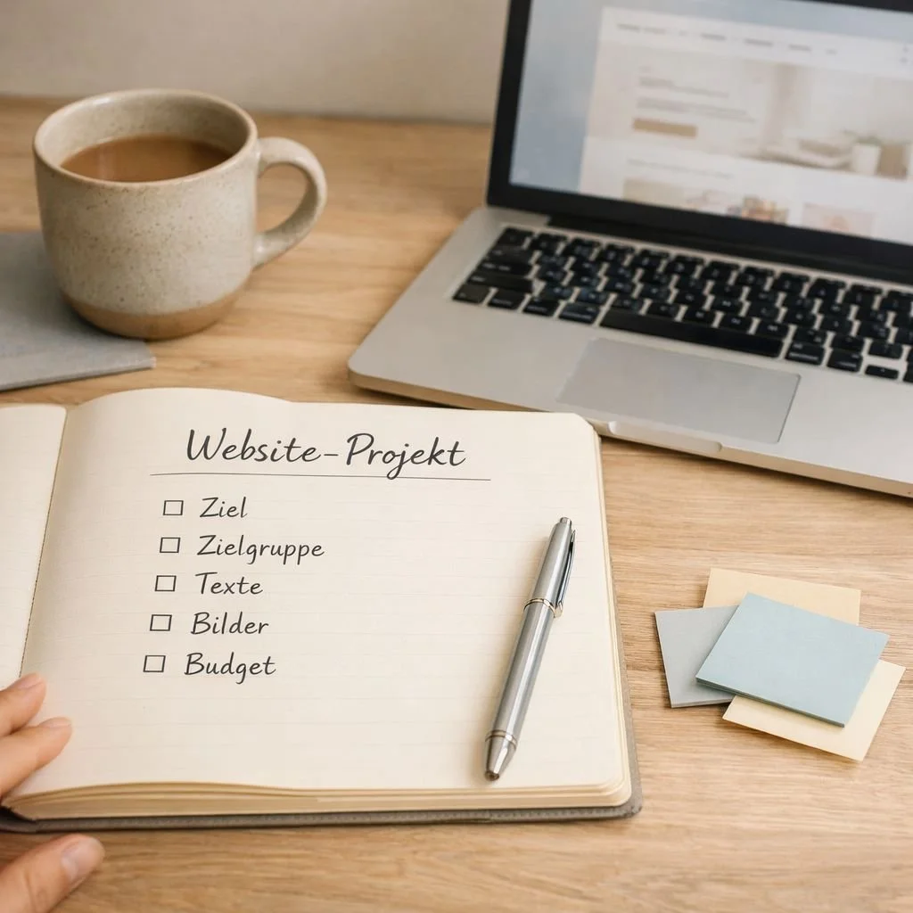 Aufgeräumter, heller Holzschreibtisch mit offenem Notizbuch. Darauf steht handschriftlich „Website-Projekt“ mit einer Checkliste: Ziel, Zielgruppe, Texte, Bilder, Budget.
