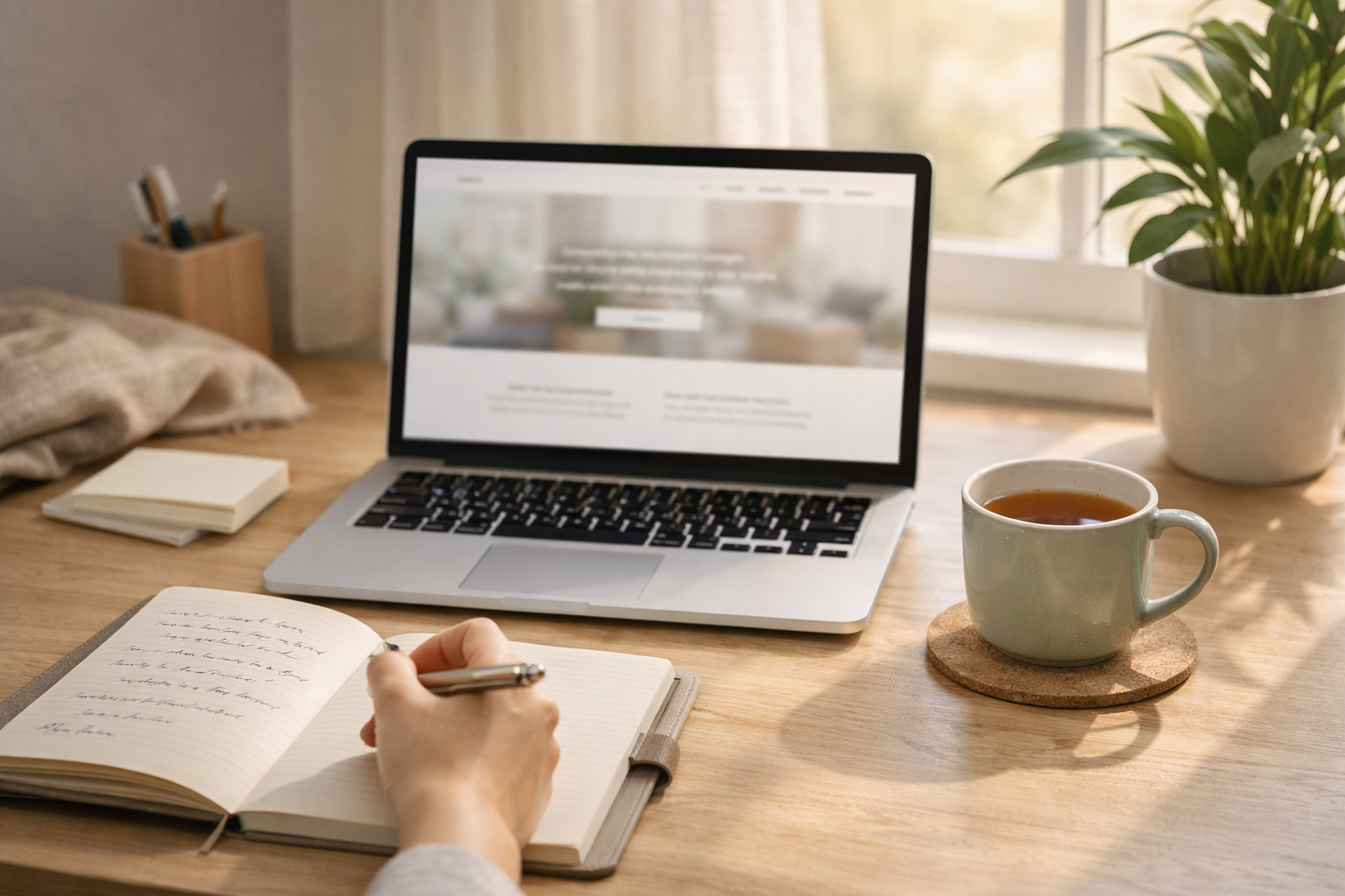 Schreibtisch am Fenster. Darauf ein aufgeklappter Laptop, eine grüne Pflanze, eine Tasse Tee. Im Vordergrund sieht man eine Hand, die in ein Notizbuch schreibt.