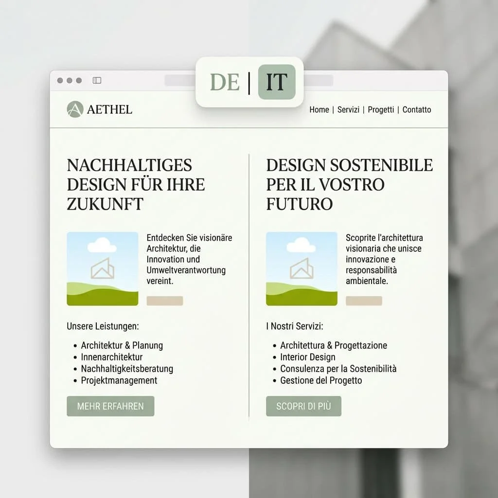 Ein modernes Browser-Fenster oder Smartphone-Mockup, in dem dieselbe Website-Sektion zweimal nebeneinander erscheint – einmal auf Deutsch, einmal auf Italienisch. Verbunden durch ein dezentes Sprach-Umschalter-Element (DE | IT).