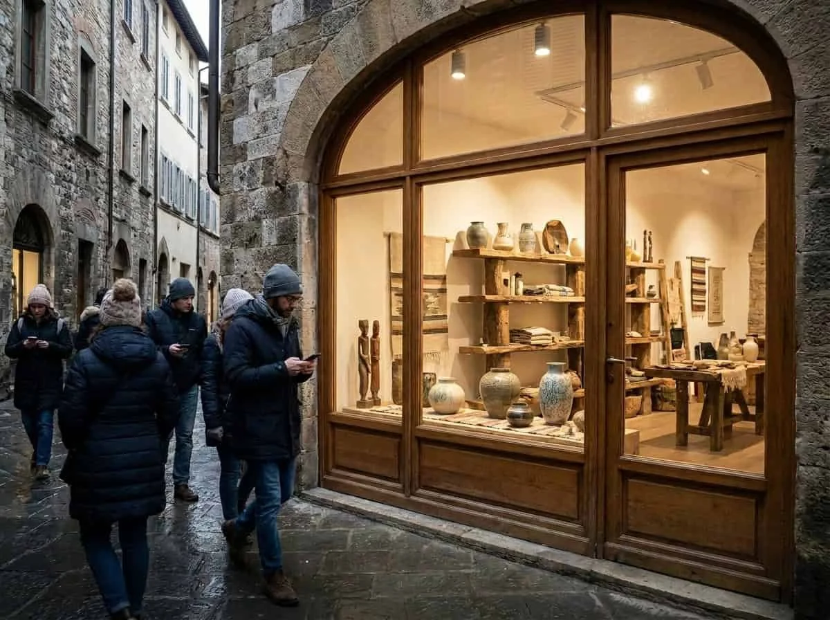 Liebevoll gestaltetes Schaufenster mit handgefertigter Keramik in einer Südtiroler Altstadtgasse, ohne Firmenschild — Passanten gehen vorbei, vertieft in ihre Handys.