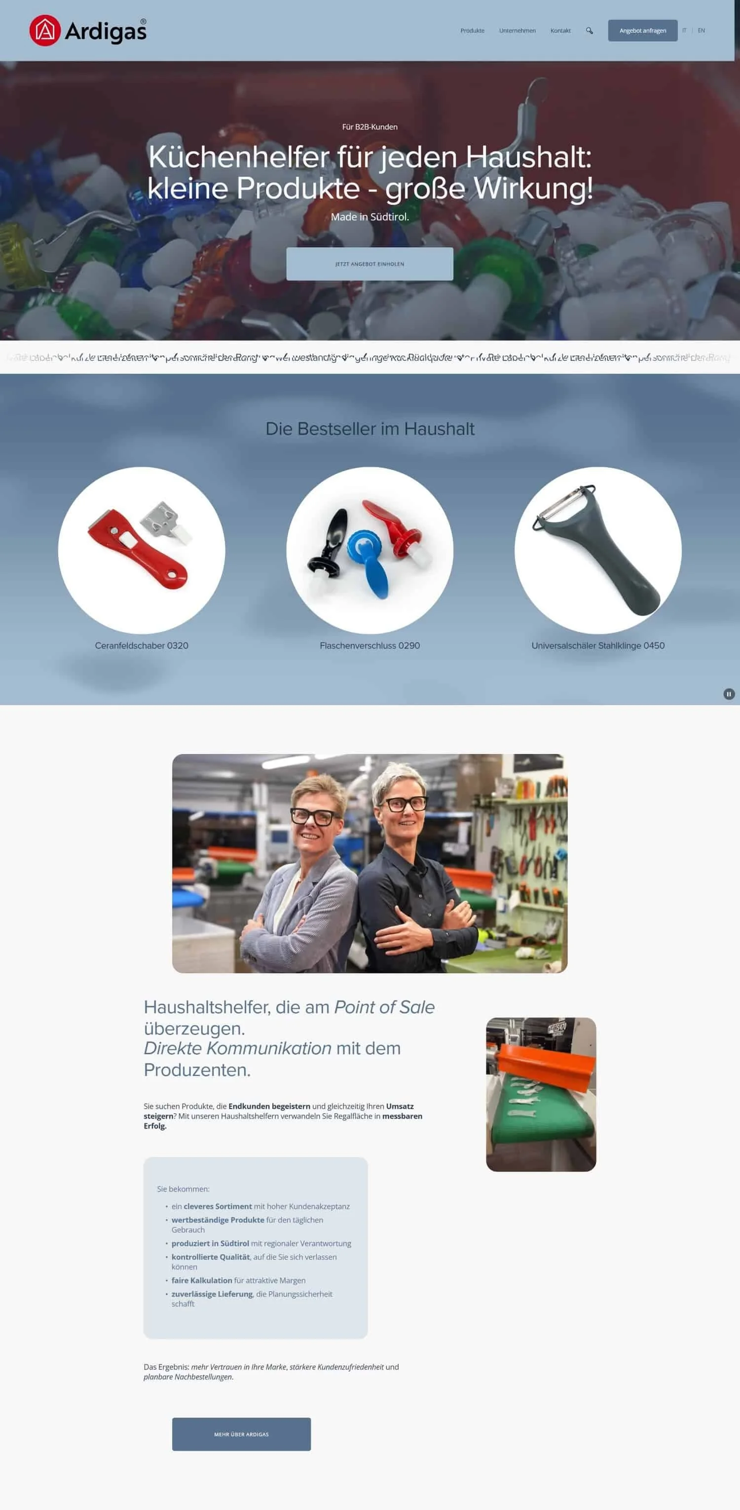 Startseite einer Website für Haushaltshelfer-Produkte, mit Bildern von Haushaltswerkzeugen, einem Foto von zwei Frauen im Arbeitsumfeld und Textinformationen