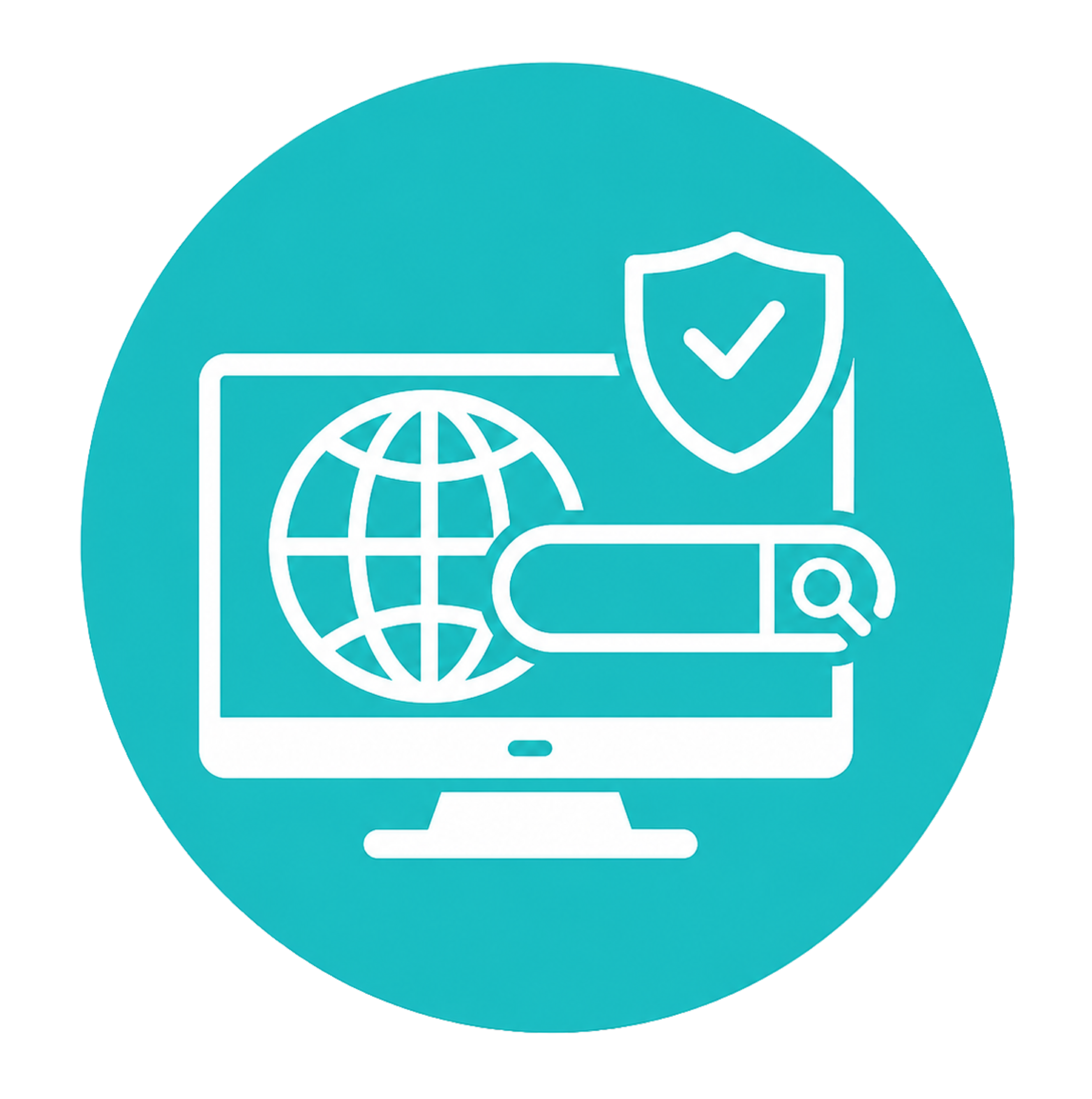 Icon depicting a globe, a shield with a checkmark, and a magnifying glass, representing secure browsing or internet security.