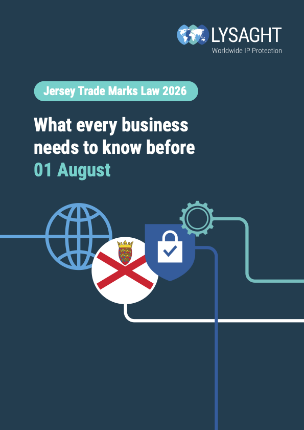 A digital poster about Jersey Trade Marks Law 2026 by Lysaght, with a globe, a shield with a check mark, and a gear icon, indicating global and security aspects, titled "What every business needs to know before 01 August".